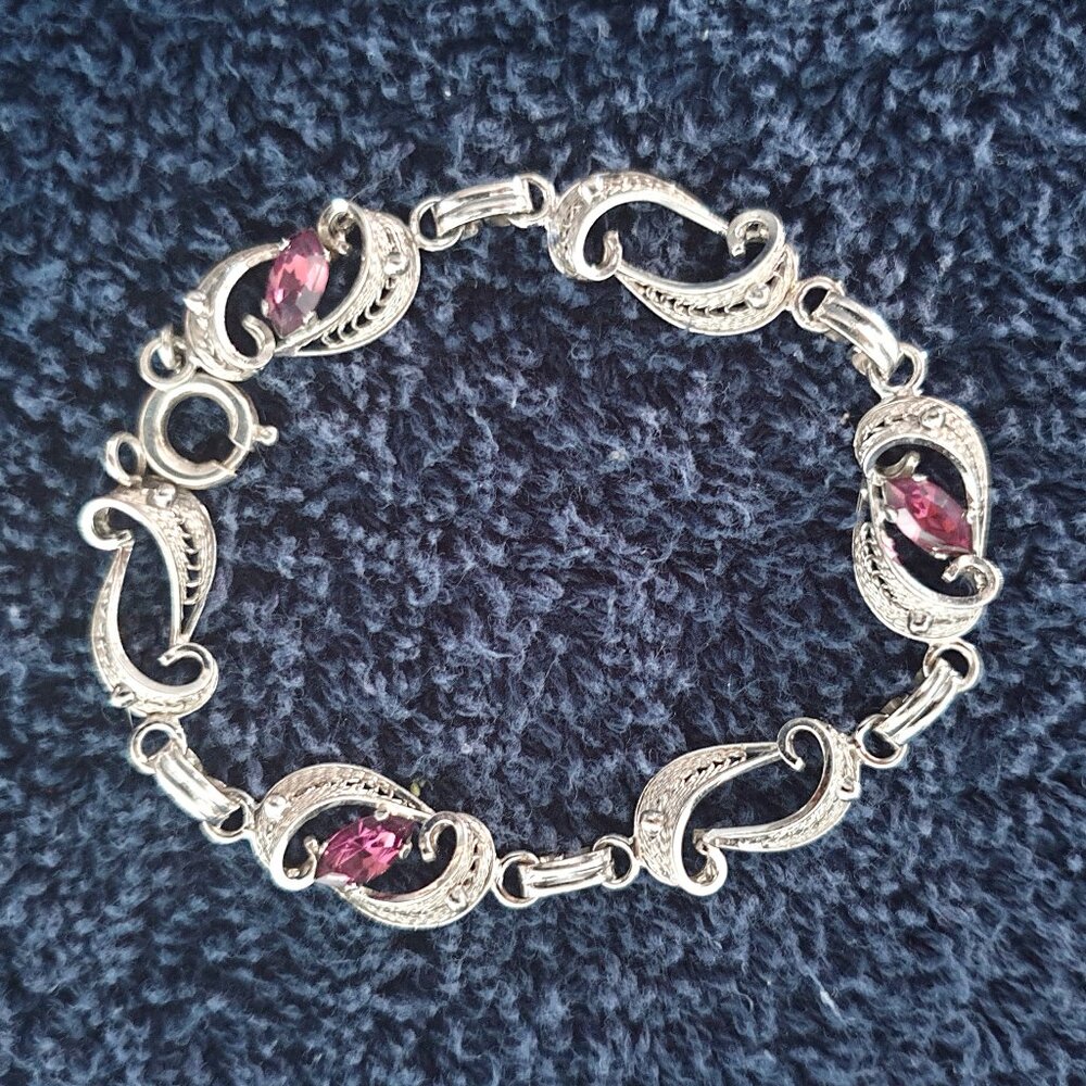 Rare Vintage Filigree Sterling Purple Rhinestone Crystal Art Nouveau Bracelet
